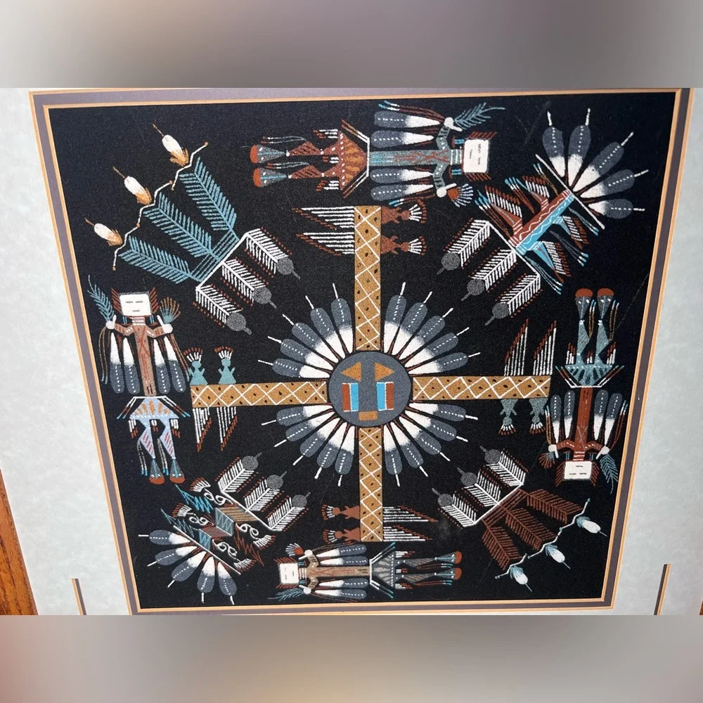 VTG Indian Native American Navajo Sand Art Painting Signed Wood Framed Black 20”